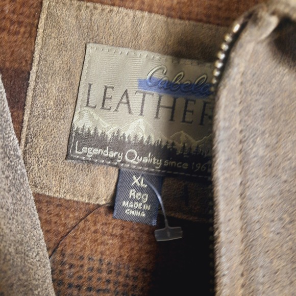 Cabelas Leather Mens XL Suede Bomber Jacket Brown Blanket Lined Workwear Coat - Picture 4 of 5